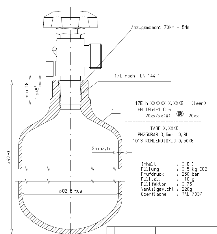 CO2-500gr. Drehventil W21,8x1/14" - 240mm