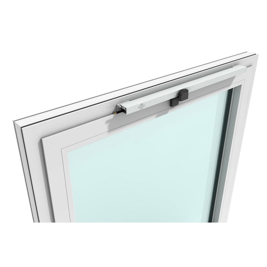 Produktabbildung der Kingspan STG Designkonsole BLR/CDS. Die Metallkonsole dient zur stabilen Befestigung von CDS-Kettenantrieben am Fenster und sorgt für eine sichere Montage sowie eine dezente Optik.
