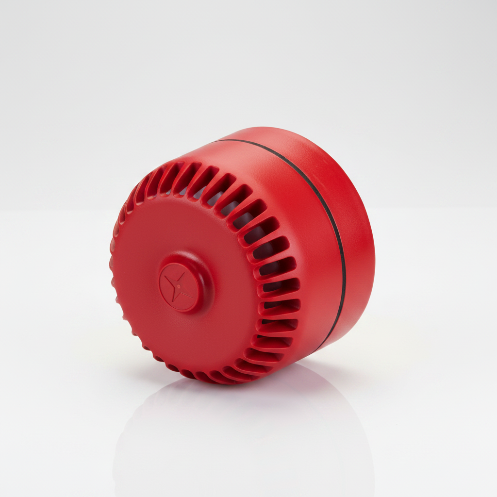 Rote elektronische Alarmsirene AG 026 von Kingspan STG zur akustischen Alarmierung in RWA- und Brandschutzanlagen.