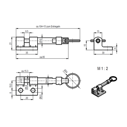 Flügelbock FB 9/H mit entriegelbarem Querstift zur Befestigung von Linearantrieben an Fensterflügeln. Geeignet für die Antriebsserien M2, M3, M6, M7 und M9. [lichtkuppe...ntriebe.de]