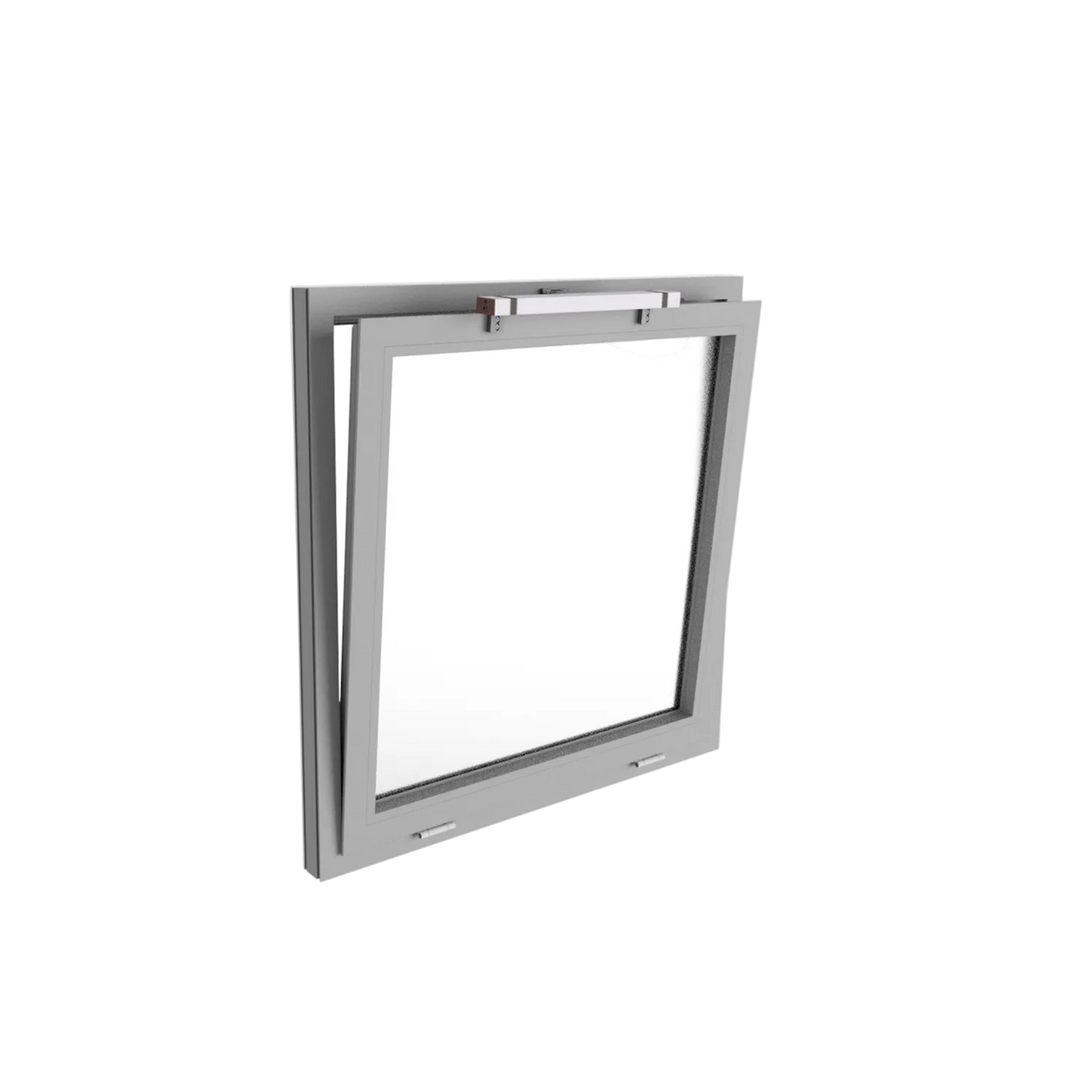 Kingspan STG - Kettenantrieb KCDM mit Klappkonsolen an einem Fenster montiert. Die Fensteransicht zeigt die Antriebslösung für natürliche Lüftung und Rauch- sowie Wärmeabzugsanwendungen mit automatisierter Fensteröffnung.