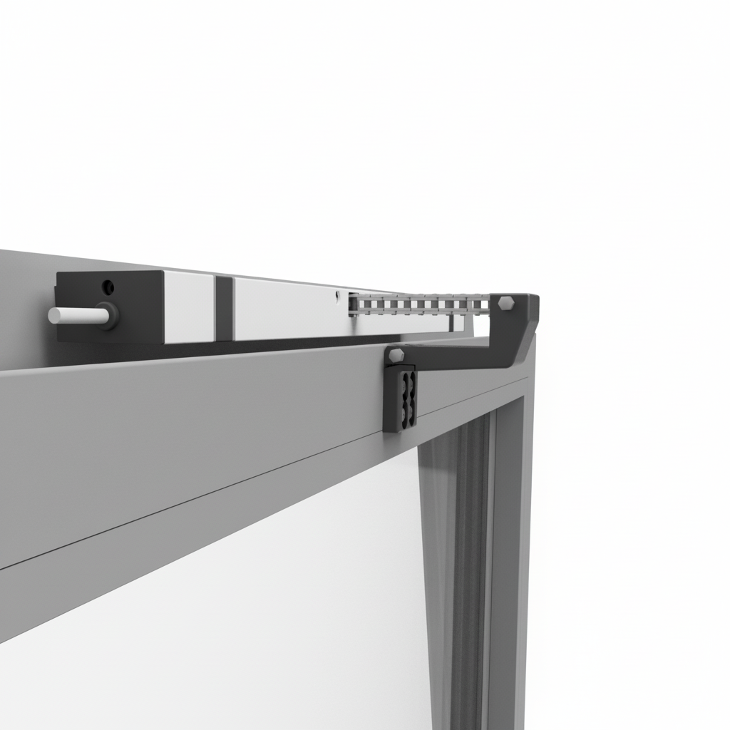 Produktabbildung des Kingspan STG Konsolensets KCDM BF/IOX/SW. Das Set umfasst Befestigungskomponenten zur sicheren Rahmenmontage eines KCDM-Kettenantriebs an einwärts öffnenden Fenstern und ermöglicht große Öffnungswinkel bis 60°
