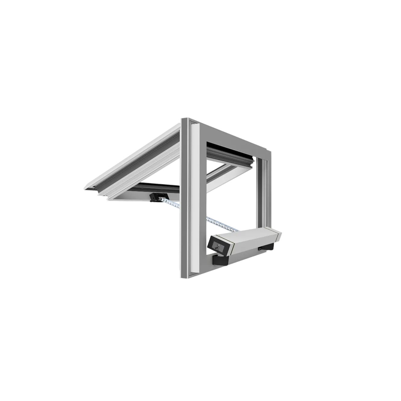 Produktabbildung des Kingspan STG Konsolensets KCDXL für auswärts öffnende Klappfenster. Das Set umfasst mehrere Befestigungskomponenten zur sicheren Montage und optimalen Kraftübertragung des KCDXL-Kettenantriebs am Fensterflügel und Fensterrahmen.