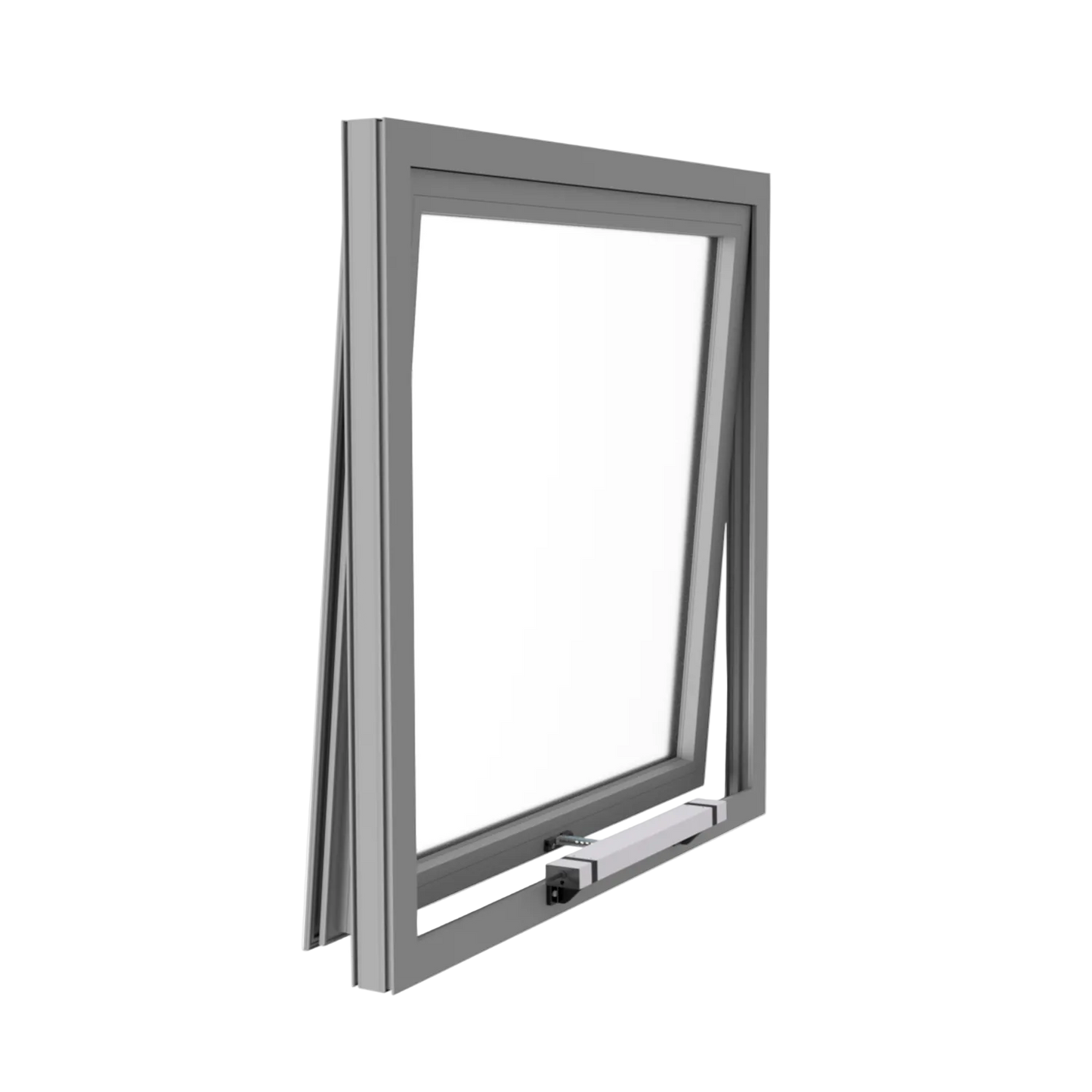 Montagesituation eines Kingspan STG KCDM Kettenantriebs an einem auswärts öffnenden Klappfenster. Der elektrische Fensterantrieb ist mittels Rahmenmontage BF/OO am Fensterrahmen befestigt und ermöglicht die automatische Öffnung und Schließung des Fensterflügels.