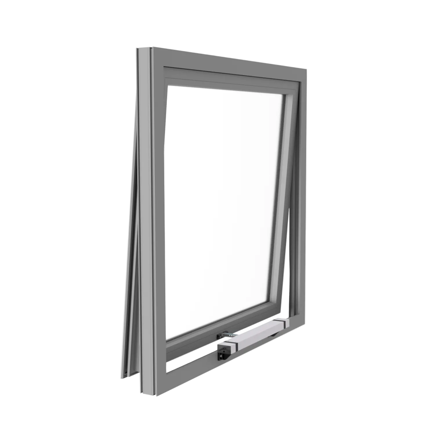 Montagesituation eines Kingspan STG KCDM Kettenantriebs an einem auswärts öffnenden Klappfenster. Der elektrische Fensterantrieb ist mittels Rahmenmontage BF/OO am Fensterrahmen befestigt und ermöglicht die automatische Öffnung und Schließung des Fensterflügels.