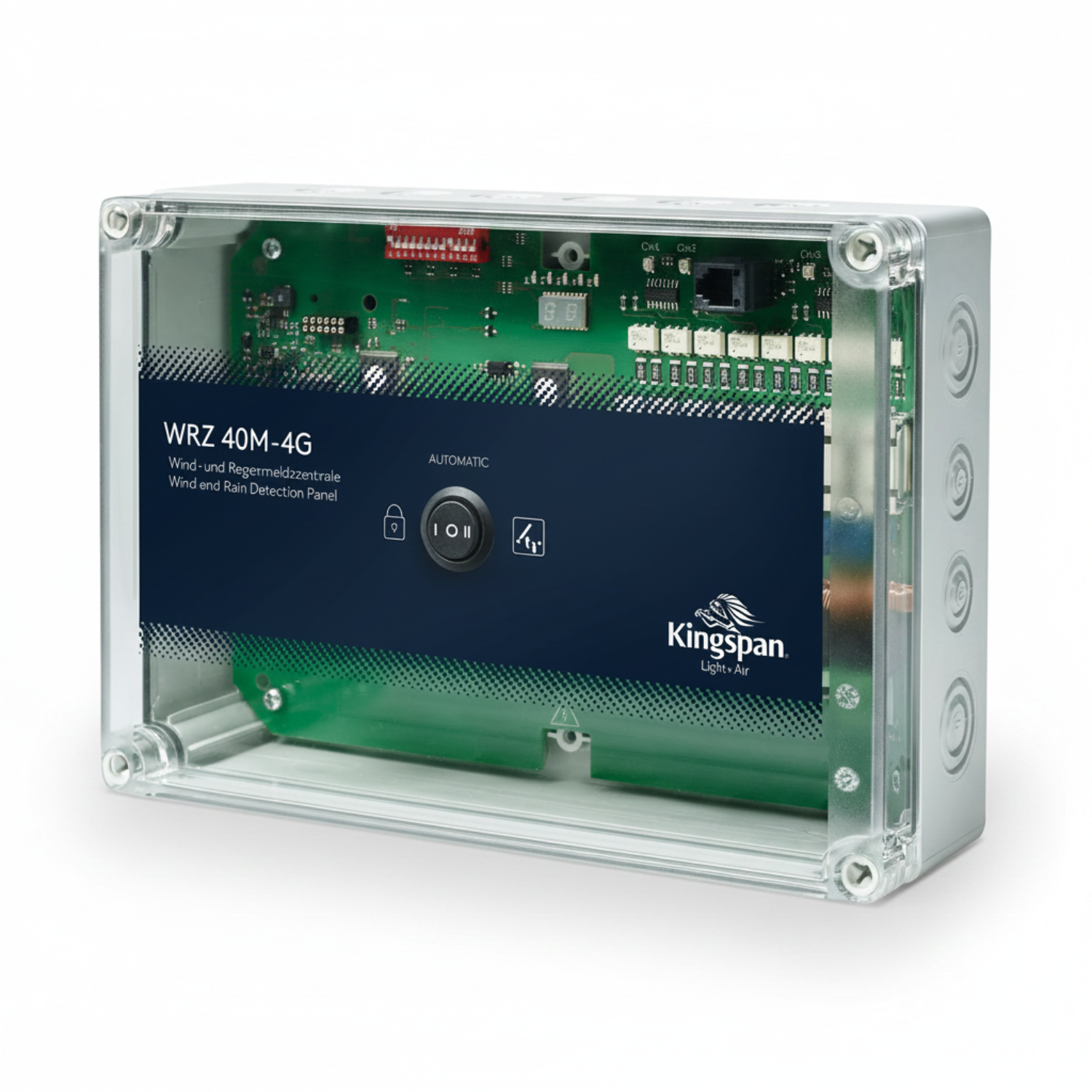 Kingspan STG Wind- und Regenmeldezentrale WRZ 40M/4G mit integriertem Schalter zur automatischen Steuerung von Fensterantrieben bei Wind und Niederschlag.