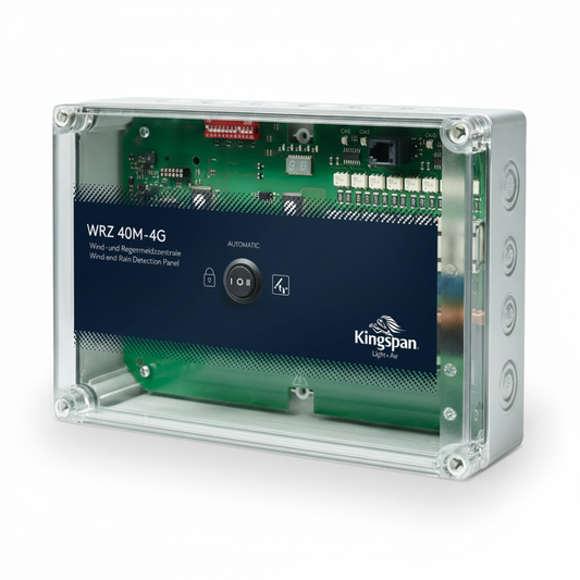 Kingspan STG Wind- und Regenmeldezentrale WRZ 40M/4G mit integriertem Schalter zur automatischen Steuerung von Fensterantrieben bei Wind und Niederschlag.